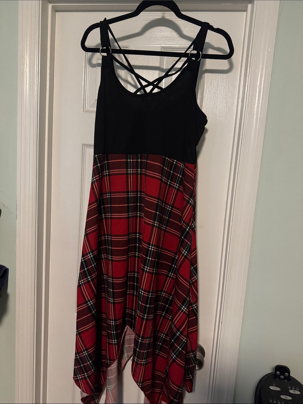 Girls' Black & Red Plaid Tank Dress with Crisscross Back